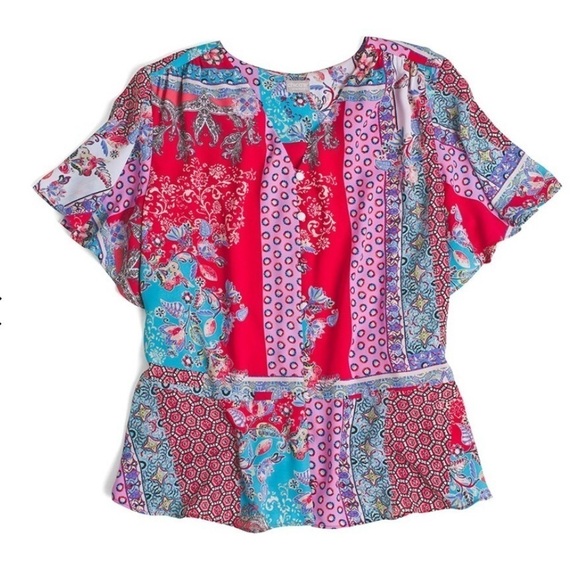 Chicos Patchwork Peplum Flutter Sleeve Top - Picture 3 of 13